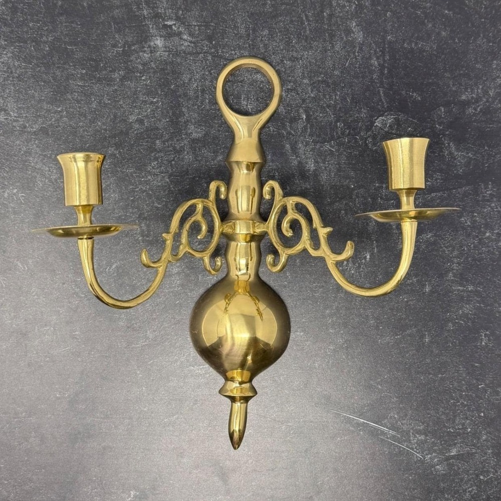 Vintage Solid Polished Brass Double Arm Candle Holders Wall Sconce 12.5" x 11"